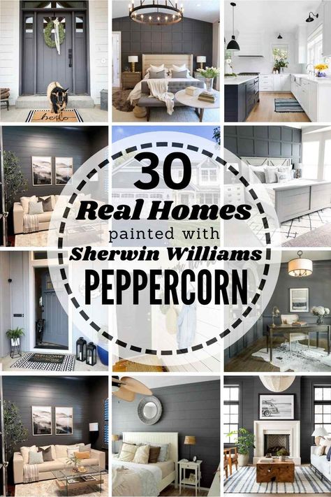 Sherwin Williams Peppercorn: Is it the right dark & moody paint shade for your home? See it in 30 real homes so you can decide! Peppercorn Gray Sherwin Williams, Best Sherwin Williams Charcoal Gray, Peppercorn Sherwin Williams Kitchen Cabinets, Peppercorn Sherwin Williams Office, Peppercorn Walls Sherwin Williams, Peppercorn Fireplace Wall, Peppercorn Bathroom Cabinets, Wherein Williams Peppercorn, Sherwin Williams Peppercorn Bathroom