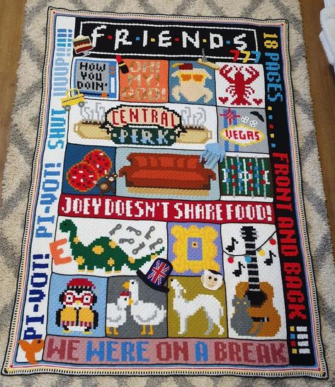 Crochet Friends Tv Show, Friends Crochet Blanket, Crochet Friends Blanket, Pixel Art Blanket, Friends Tv Show Crochet Blanket Pattern, One Piece Anime Crochet Blanket, Bobs Burgers Crochet Blanket, Knit Drawing, Crochet Movie Blanket