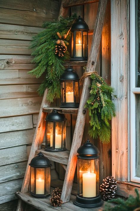 Outdoor Christmas Lantern Ideas, Outdoor Ladder Decor, Christmas Ladder Decor, Outdoor Christmas Lanterns, Old Ladder Decor, Wooden Ladder Decor, Christmas Lantern Ideas, Rustic Arrangements, Cozy Winter Decor