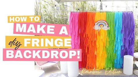 Back Drop With Table Cloth Party Ideas, Rainbow Tablecloth Backdrop, Plastic Tablecloth Fringe Garland Diy, How To Make Backdrop For Party, Backdrop With Tablecloth Plastic Tables, Table Cloth Fringe Backdrop Diy, Fringe Wall Backdrop Diy, Tablecloth Backdrop Diy, Rainbow Backdrop Diy