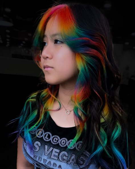 Rainbow Panel Hair, Black Hair With Vivid Money Piece, Rainbow Money Piece Hair, Money Piece Black Hair, Rainbow Money Piece, Black And Rainbow Hair, Vivid Money Piece Hair, Prism Hair Color, Rainbow Bangs