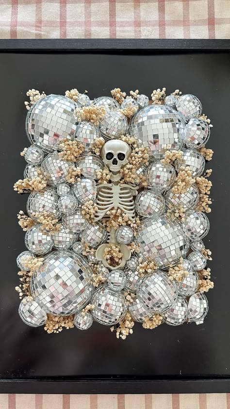 Disco Ball Skeleton, Framed Halloween Art, Disco Ball Cauldron, Disco Cauldron, Disco Ball Ideas, Diy Halloween Crafts For Adults, Goth Crafts Diy, Disco Diy, Diy Cauldron