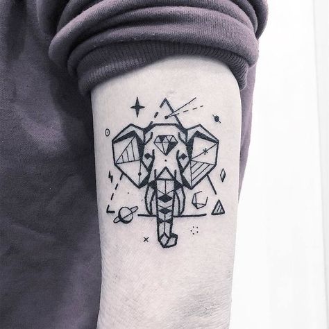 Geometric Elephant Tattoo and Space Elements by Greemtattoo Elephant Head Tattoo, Geometric Elephant Tattoo, Elephant Thigh Tattoo, Elephant Family Tattoo, Mandala Elephant Tattoo, Baby Elephant Tattoo, 6 Tattoo, Geometric Animal Tattoo, Geometric Elephant