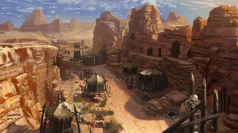 Settlement in a desert canyon. | Fire | Pinterest | Blog Designs ... Desert Town, Dark Sun, Sci Fi Environment, Concept Art World, Heroic Fantasy, 3d Street Art, Landscape Concept, Fantasy City, Biome