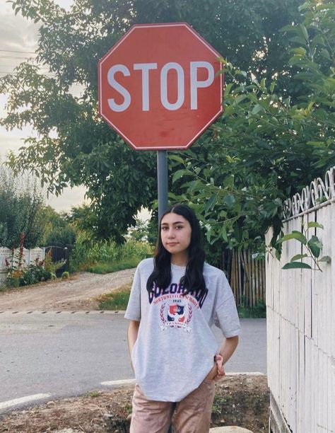 Stop,sign,photoshoot,aesthetic Stop Sign Photoshoot, Street Sign Photoshoot, Photoshoot Aesthetic, Stop Sign, Street Sign, Street Signs, T Shirts For Women, Instagram Posts, Women's Top