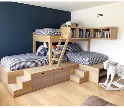 Beds With Stairs, Bunk Bed Rooms, Kids Bed Design, Loft Style Bedroom, Kids Shared Bedroom, Diy Bunk Bed, Bunk Beds Built In, Small Room Design Bedroom, Bunk Rooms