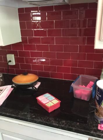 Red Kitchen Accents, Red Subway Tile, Kitchen Color Red, Decorated Room, Apartment Stuff, Sanded Grout, Tile Trends, Glass Installation, Kitchen Gallery