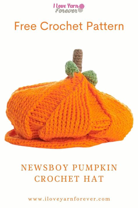 Embrace fall with the Newsboy Pumpkin Crochet Hat, free crochet pattern. Made with Red Heart Super Saver yarn & boasting a stylish peak, it's the perfect blend of snug & trendy. Easy-level & adult-sized! Pumpkin Beret Crochet, Pumpkin Crochet Hat, Pumpkin Beret, Crochet Pumpkin Patterns, Baby Pumpkin Hat, Pumpkin Beanie, Crochet Pumpkin Hat, Crochet Headwear, Hat Free Crochet Pattern