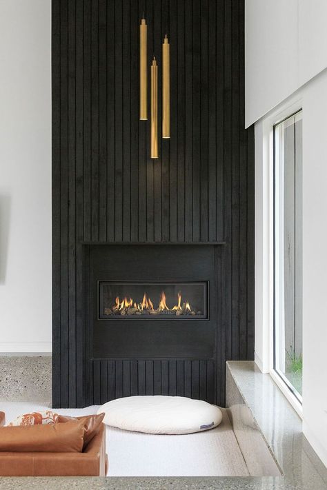 Midcentury Modern Fireplace, Geometric Facade, Bathroom Curtains Ideas, Mid Century Modern Fireplace, Brick Wall Ideas, Black Brick Wall, Log Fireplace, Central Courtyard, Valentine's Day Celebration