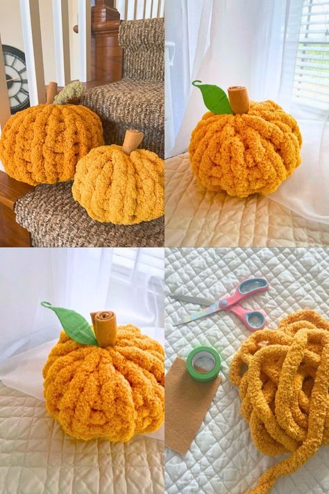 halloween decor chunky knit pumpkin tutorial Chunky Knit Pumpkins, Knitting Halloween, Halloween Decorations Easy, Crafts For Kids Halloween, Knit Pumpkins, Pumpkin Tutorial, Workshop Diy, Pumpkin Uses, Easy Diy Halloween Decorations