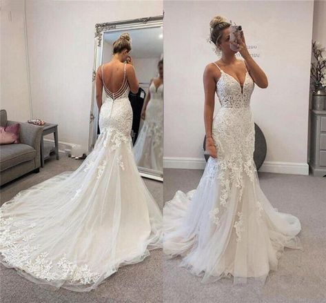 Mermaid Wedding Dresses Spaghetti Straps V Neck Backless Plus Size Bridal Gowns | eBay Wedding Dresses Spaghetti Strap, Backless Bridal Gowns, Wedding Dresses Mermaid, Beach Wedding Dresses, Trumpet Wedding Dress, Wedding Dresses With Straps, Dress Mermaid, V Neck Wedding Dress, Dresses Mermaid