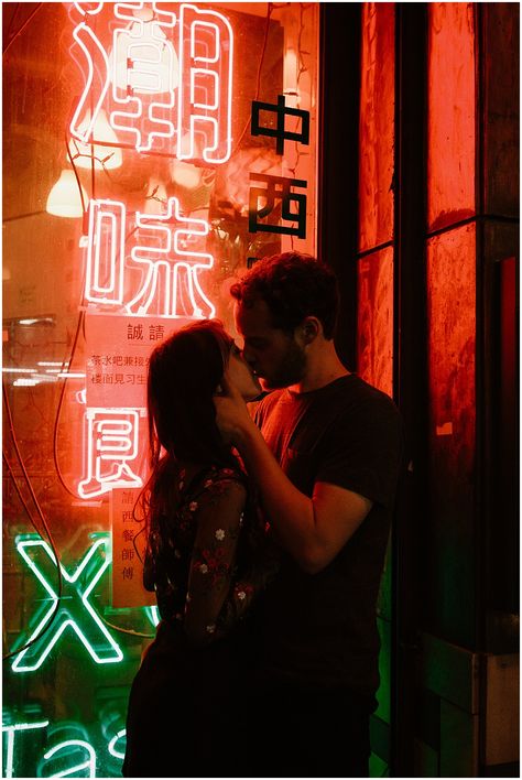 Chinatown neon engagement session - Yellow Bird Visuals Neon Photoshoot Couple, City Lights Prewedding, Neon Couple Photography, Night Time Couples Photoshoot City, Neon Engagement Photos, Chinatown Couple Photoshoot, Neon Couple Aesthetic, Chinatown Engagement Photos, Arcade Engagement Photos