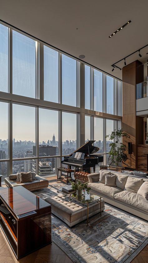 Luxurious City Living: A modern, well-lit living room with large windows offering a spectacular view of the city skyline. #city #living #windows #skyline #modern #aiart #aiphoto #stockcake ⬇️ Download and 📝 Prompt 👉 https://ayr.app/l/KYLY City View Apartment Living Room, Floor To Ceiling Windows Apartment City, Luxury City View Apartment, Living Room With Large Windows, Apartment With Big Windows Cities, Room With Large Windows, Living Room And Bedroom Combo, Luxury Penthouse Apartment, Luxurious City