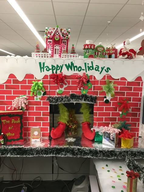 Grinch themed christmas #grinch #whoville #grinchchristmas #xmas #grinchmas #cubicles #officespace Whoville Decorations, Whoville Christmas Decorations, Christmas Cubicle Decorations, Grinch Decorations, Grinch Christmas Party, Whoville Christmas, Grinch Christmas Tree, Grinch Christmas Decorations, Office Cubicle