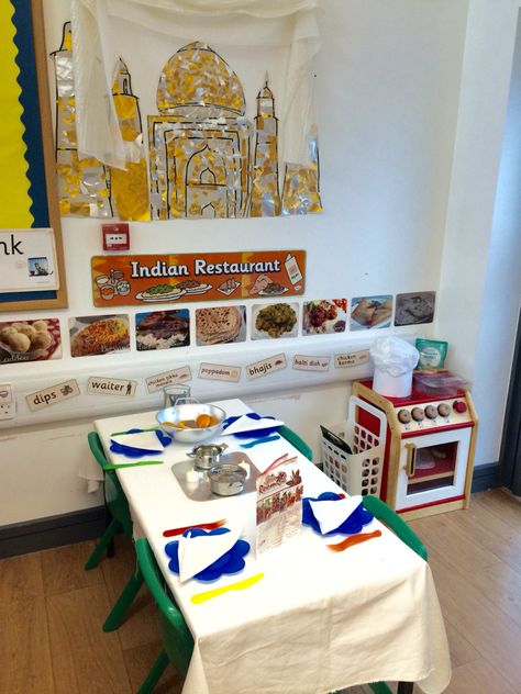 Indian Restaurant role play ready for Diwali! Children made the Taj Mahal display and have made their own chef hats using white tissue paper and card #eyfs #earlyyears #reception #roleplay Restaurant Role Play, Diwali Eyfs, Christmas Cards Photography, Diwali Activities, India For Kids, Role Play Areas, White Tissue Paper, Diy Holiday Cards, Chef Hats