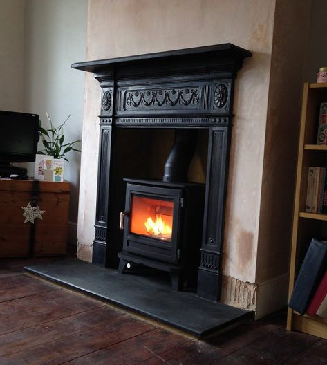 Victorian Cast Iron Fireplace Surround & Chesney's Salisbury 5 - Log Burner Installation - Hampshire Black Painted Fireplace, Log Burner Installation, Edwardian Fireplace, Wood Burner Fireplace, Wood Burning Stoves Living Room, Log Burner Fireplace, Log Burner Living Room, Slate Hearth, Snug Room