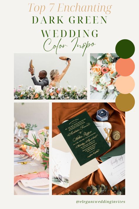 Emerald Green Wildflower Wedding, Dark Green Wedding Theme, Peach Gold Wedding, Green Wedding Palette, Peach Wedding Theme, Emerald Wedding Colors, Green Wedding Theme, Peach Wedding Colors, 2023 Bride