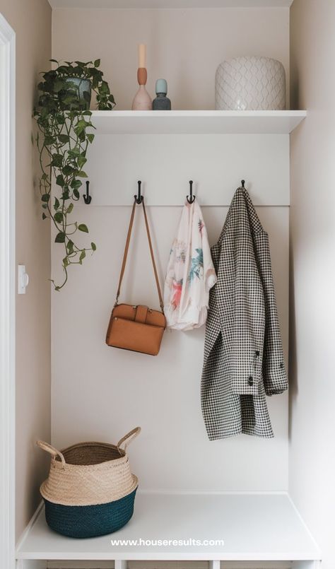 17 Modern Mudroom Entryway Ideas - HouseResults Entry Way Bench And Coat Hanger, Modern Mudroom Entryway, Entryway Shelf With Hooks, Entry Hooks, Mudroom Entryway Ideas, Modern Farmhouse Mudroom, Modern Mudroom, Entryway Coat Hooks, Farmhouse Mudroom