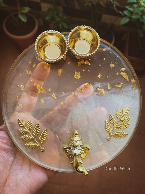 Resin Ganesh Mantra Frame, Rakhi Thali Resin, Resin Rakhi Platter, Resin Tilak Thali, Resin Rakhi Designs Handmade, Resin Thali, Ganesha Pooja, Diy Resin Gifts, Diwali Diya Decoration