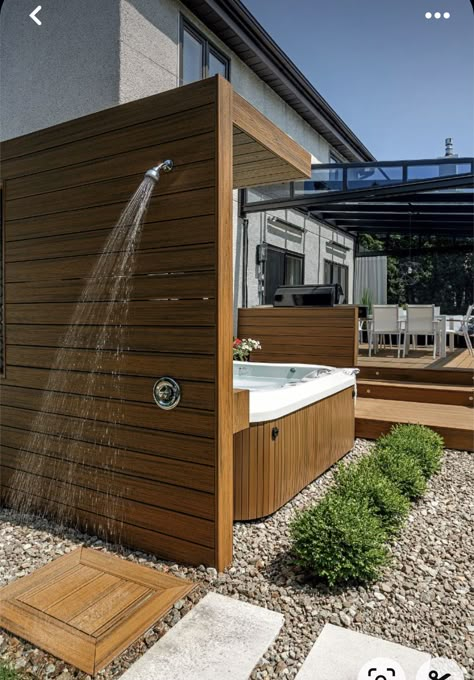 Vibe Rooms, Wood Aesthetic, Outdoor Hot Tub, Pavers Backyard, Screen Outdoor, Privacy Fence Designs, Hot Tub Backyard, Vibe Aesthetic, Backyard Privacy