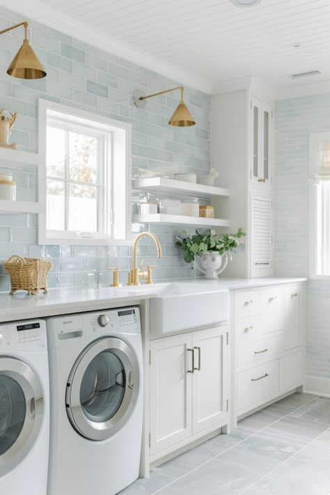 Coastal Style Laundry Room, Blue Backsplash Laundry Room, Hamptons Style Laundry Room, Tile For Laundry Room Wall, Light Blue House Decor, Coastal House Decorating Ideas, House Interior Laundry Room, Preppy Laundry Room, Powder Blue Laundry Room