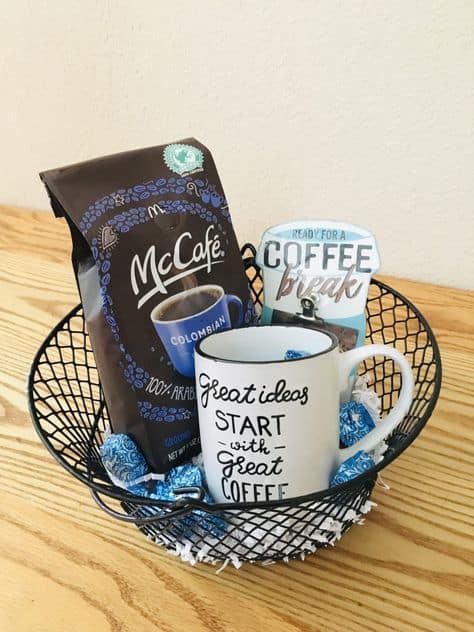 15 Genius Coffee Gift Basket Ideas - To DIY or Buy Unisex Basket Ideas, Small Raffle Basket Ideas, Diy Coffee Gift Basket, Coffee Baskets, Shower Basket Ideas, Starbucks Gift Baskets, Walmart Gifts, Coffee Gift Basket Ideas, Walmart Candles