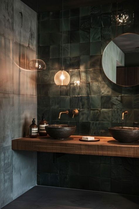 20 Trendy Moody Bathroom Concepts You'll Fall in Love With! - My Decor Inspo Dark And Moody Small Bathroom, Moody Coastal Aesthetic, Dark Half Bath, Moody Modern Bathroom, Moody Master Bath, Mustard Bathroom, Bathroom Moody, Dark Academia Bedroom Ideas, Dark Cottagecore House