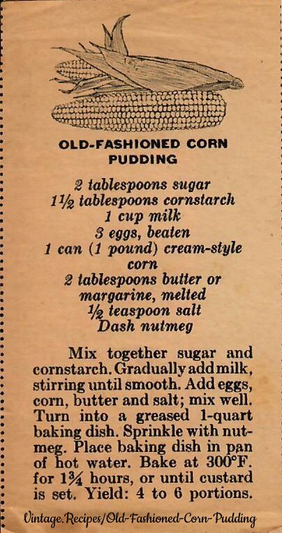 Old-Fashioned Corn Pudding | Vintage Recipes Recipe For Corn Pudding, Cartoon Recipe, Corn Pudding Recipe, Corn Butter, Corn Recipes Side Dishes, Corn Side Dish, School Recipes, Cream Style Corn, Corn Pudding