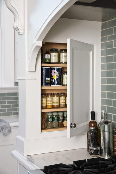 built-in spice rack Spice Rack Design, Messy Kitchen, Spice Cabinet, Mill Valley, Kitchen Hoods, Transitional Kitchen, Kitchen Remodel Idea, Spice Rack, Kitchen Pantry