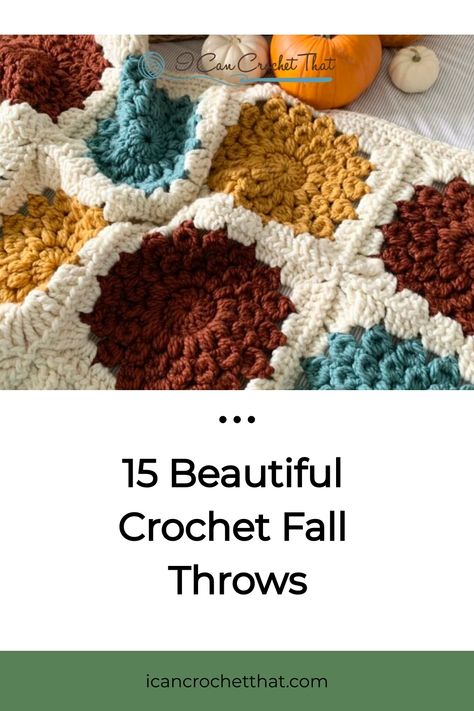 Crocheted fall throw blanket with pumpkin and leaf patterns in autumn colors. Fall Crochet Patterns Blankets, Fall Crochet Home Decor Patterns, Crochet Fall Throw Blanket, Crochet Fall Blanket Pattern, Fall Crochet Patterns Free Blanket, Crochet Fall Blanket Free Pattern, Fall Crochet Patterns Free Ideas, Fall Granny Square Blanket, Fall Crochet Blanket Patterns