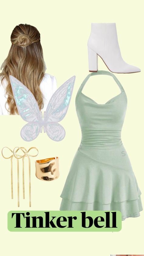 Tinkerbell Hair Down, Periwinkle And Tinkerbell Costumes, Homemade Tinkerbell Costume, Peter Pan Group Costume Ideas, Fairy Costume Inspiration, Diy Tinker Bell Costume, Tinker Bell Halloween Costume, Tinker Bell Dress, Tinkerbell Halloween