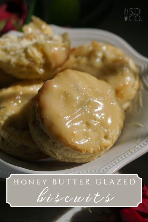 Honey butter glazed biscuits with flaky salt Honey Butter Glaze For Biscuits, Honey Butter Drizzle Recipe, Pillsbury Honey Butter Biscuit Recipes, Glazed Biscuits, Honey Biscuit Recipe, Honey Butter Glaze, Butter Swim Biscuits, Flaky Buttermilk Biscuits, Honey Biscuits