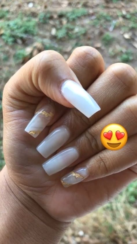 Milky White Nails Gold Foil, Milky White And Gold Nails Acrylic, White Marble Nails With Gold Flakes, White Nails Gold Flakes, Milky White And Gold Nails, White Nails With Gold Flakes, Milky White Nails With Gold, Milky White Marble Nails, Milky White Nails Acrylic Design