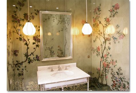 Verre Eglomisé Chinoiserie Powder Room     A series of églomisé glass panels, with complex reverse painting,  created to line the walls of a powder room from baseboard to crown. Gold Chinoiserie Wallpaper, Chinoiserie Bathroom, Badminton Design, Vintage Bird Wallpaper, Beautiful Powder Rooms, Gracie Wallpaper, Painted Chinoiserie, Bathroom Mural, Hand Painted Wallpaper