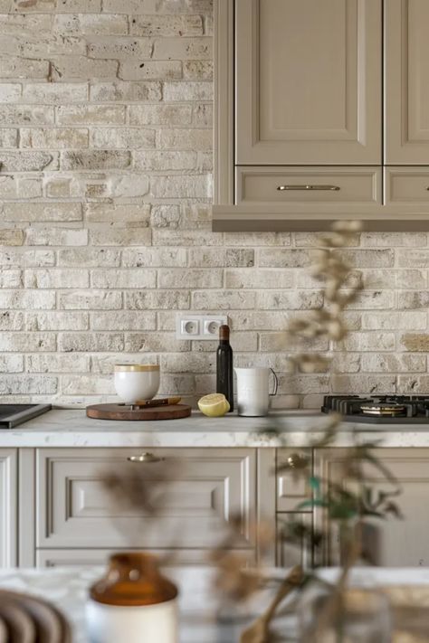 European Cottage Kitchen Backsplash, Kitchen With Texture, Textured Stone Backsplash Kitchen, Neutral Stone Backsplash, Kitchen Stone Tile Floor, Kitchen Backsplash Farmhouse Style, Light Kitchen Backsplash, Joanna Gaines Backsplash Kitchen, Kitchen Backsplash Cream Cabinets