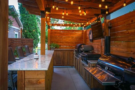 BBQ Shacks & Shanties Shed Into House, Grill Shelter, Covered Pergola Patio, Backyard Builds, Yard Layout, Bbq Shack, Lanai Patio, Bbq Areas, Backyard Improvements