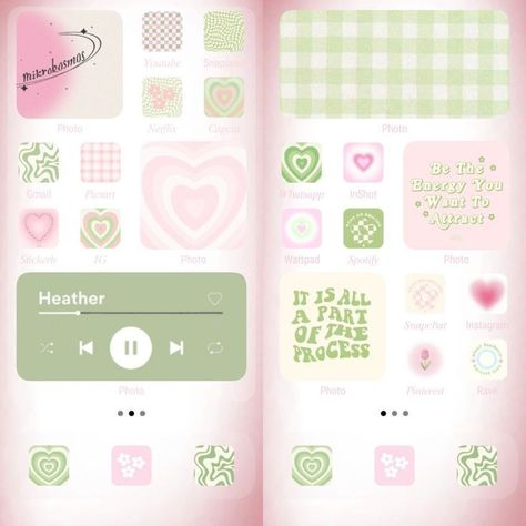 Pink And Green Aesthetic Phone Theme, Pink Green Widget Aesthetic, Pastel Pink Phone Theme, Pink Green Homescreen, Pink Green Phone Layout, Pink Aesthetic Ipad Setup, Pink And Green Iphone Layout, Pink And Green Home Screen, Ipad Homescreen Ideas Aesthetic Pink