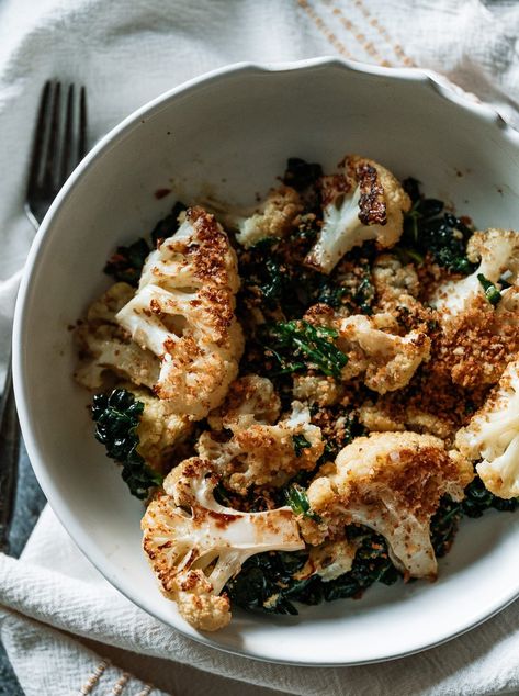 Cauliflower And Kale, Caper Vinaigrette, Massaged Kale, Salad With Lemon, Cauliflower Salad, Winter Salad, Panko Bread Crumbs, Pickle Relish, Kale Salad