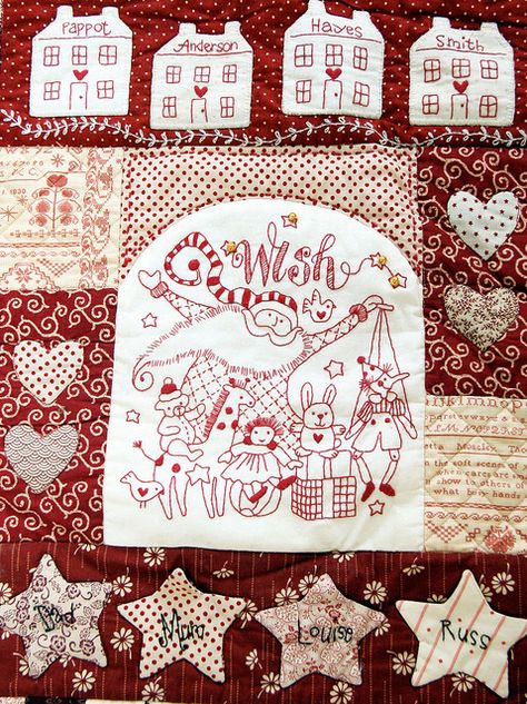 "The Wish" Christmas Quilt by Bronwyn Hayes designer for Red Brolly Red Brolly, Redwork Patterns, Hallowen Ideas, Red And White Quilts, Redwork Embroidery, Embroidered Quilts, Embroidery Christmas, Holiday Quilts, Winter Quilts