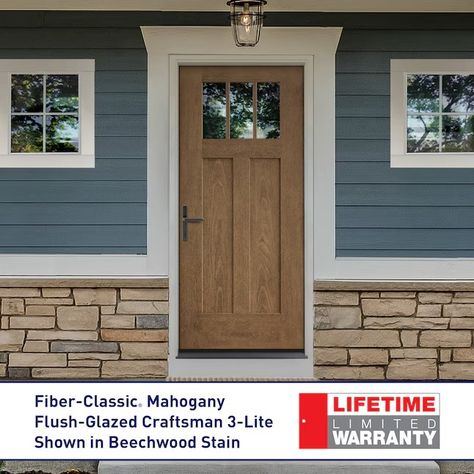 Therma-Tru 64-in x 80-in x 4-9/16-in Fiberglass Craftsman Left-Hand Inswing Beechwood Stained Prehung Front Door with Sidelights with Brickmould Insulating Core in the Front Doors department at Lowes.com Home Depot Front Door, Craftsman Front Door, Front Door With Sidelights, Door With Sidelights, Prehung Exterior Door, Craftsman Style Doors, Therma Tru, Glazed Glass, Exterior Front Doors