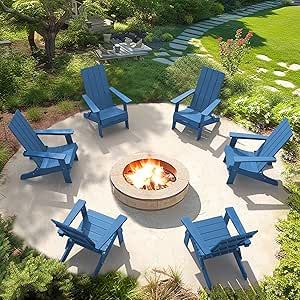 LUE BONA Folding Adirondack Chairs Set of 6, Poly Modern Adirondack Chair, Weather Resistant Plastic Adirondack Fire Pit Chairs for Patio, Porch, Deck, Pool, Garden, Backyard, Navy Blue Blue Adirondack Chairs, Modern Adirondack Chair, Folding Adirondack Chair, Fire Pit Chairs, Modern Adirondack, Deck Pool, Backrest Design, Pool Remodel, White Patio