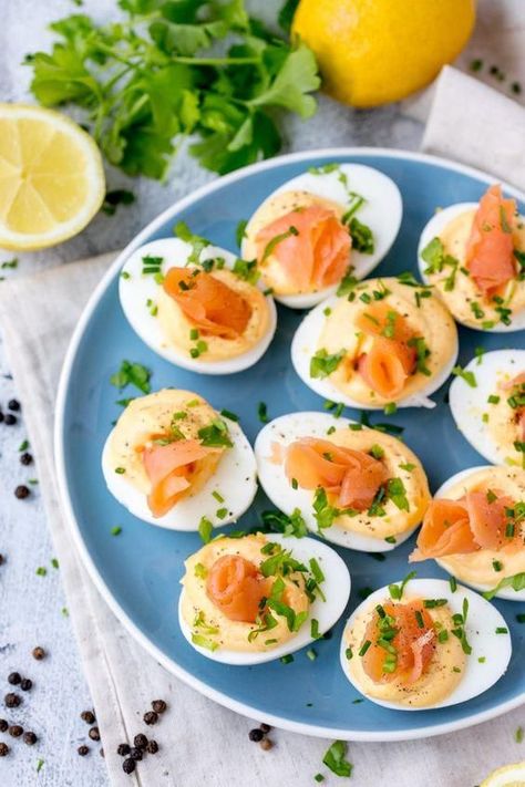 15 Easy Healthy Lunch Ideas To Avoid The Afternoon Crash - Brit + Co Smoked Salmon Deviled Eggs, Salmon Deviled Eggs, Keto Smoked Salmon, Deviled Eggs Recipe Easy, Keto Deviled Eggs, Devilled Eggs Recipe Best, Deviled Eggs Recipe Classic, Avocado Deviled Eggs, Best Deviled Eggs