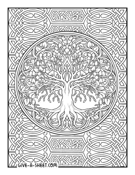 Celtic tree of life coloring page with intricate details. Celtic Zentangle, Tree Of Life Template Free Printable, Tree Of Life Coloring Pages, Tree Colouring Pages, Tree Of Life Design, Tolkien Coloring Pages, Detailed Coloring Pages For Grown Ups, Pagan Coloring Pages, Coloring Pages For Adults Unique