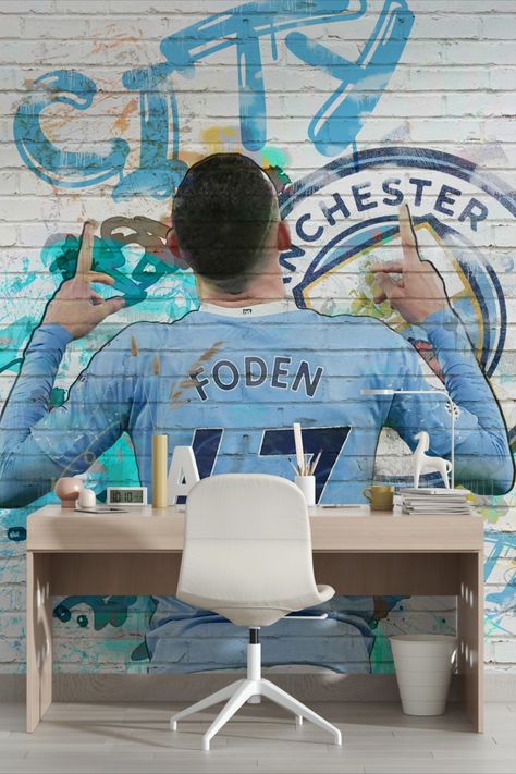 Phil Foden Mural idea, Phil Foden Graffiti Style, Phil Foden 47, Manchester City, Man City Young Gun #foden47 #philfoden #mancityart Graffiti Football Art, Manchester City Bedroom Ideas, Man City Bedroom Ideas, Man City Bedroom, Manchester City Bedroom, Football Graffiti, Football Themed Room, Man City Football, Soccer Bedroom