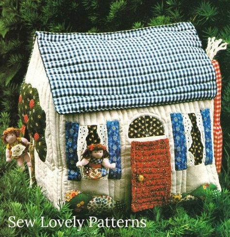 VINTAGE MINIATURE DOLL House Pattern Quilted Stuffed Rag Doll House Toy Craft - $6.99. It's a Quilted Cottage! Sewing Pattern Tiny sock dolls live in this cottage, which comes complete with an apple tree, smoking chimney and a door that opens! Place a doll in a window, have one climbing the tree. Dolls are 3" tall, house is 11" in height. Make this adorable house with your scraps of fabric. You will receive a high quality reproduction, digitally cleaned pattern. Thank you for stopping by and ... Dollhouse Quilt, Fabric Doll House, Toy Sewing, Sock Dolls, Small Dolls, Dolls Vintage, Other Languages, Toy House, Tiny Dolls