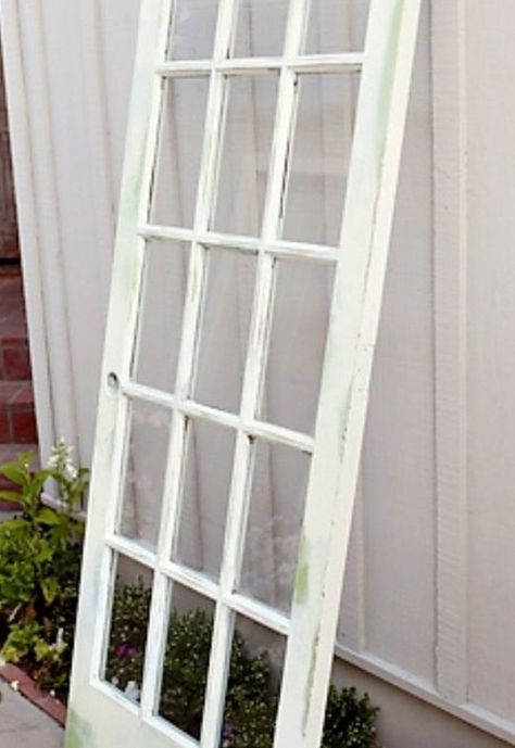 vintage glass pane door headboard French Doors As Headboard, Vintage Door Headboard Diy, Glass Door Headboard, Glass Panel Door Repurpose, French Door Headboard, Old Glass Door Ideas, Door As Headboard, Door Headboard Ideas, Bedroom Diy Headboard