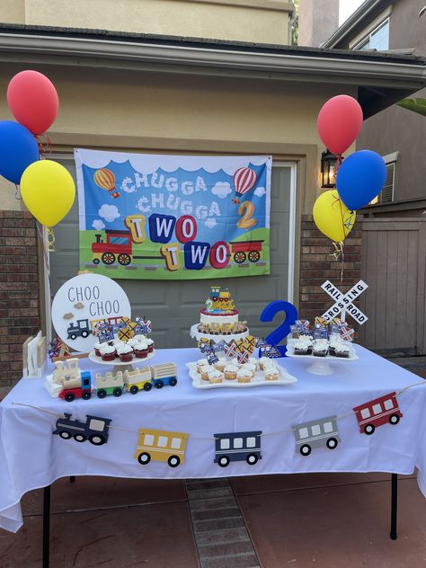 Train sign. Train Birthday Party Decor Ideas. Dessert Table. Kids Birthday Party theme. Chugga Chugga two two. Choo Choo I'm Two. Two Choo Party, 2nd Bday Train Theme, Choo Choo Train Birthday Party Decorations, Choo Choo Two Party, 1st Birthday Boy Train Theme, Train Themed Two Year Old Birthday, Train Party Balloons, Choo Choo Im 2 Birthday Party, Choo Choo Look Whos Two 2nd Birthday