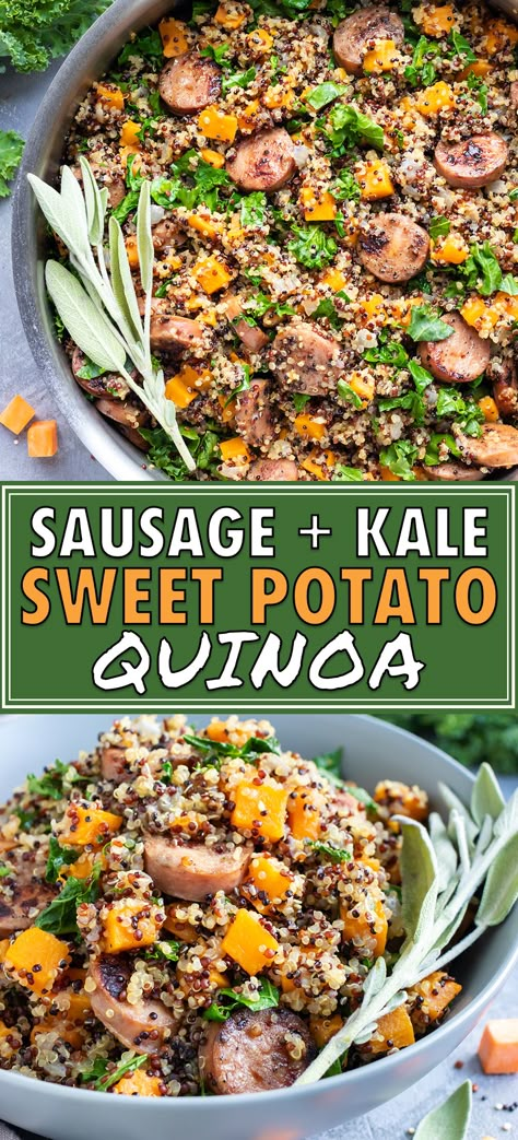 Sausage Kale Sweet Potato, Quinoa Bowl Recipes, Sweet Potatoes Chicken, Quinoa Recipes Dinner, Kale Sweet Potato, Sweet Potato Quinoa, Sausage And Kale, Potatoes Chicken, Healthy One Pot Meals