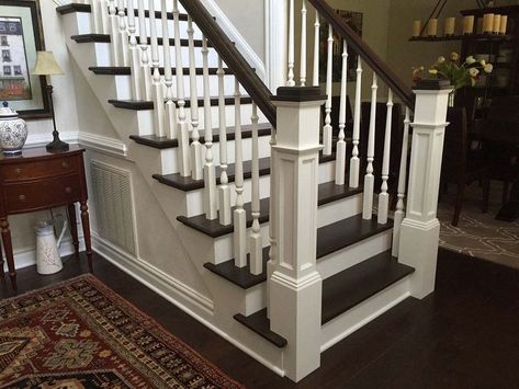 Another finished project! We love how this craftsman style staircase made with poplar and red oak box newel posts and a red oak wooden handrail turned out! Interested in a similar style staircase for your home? The following parts were used to create this beautiful staircase: Square Newel Post, Craftsman Staircase, Stair Newel Post, Handrail Design, Hardwood Stairs, Diy Staircase, Staircase Handrail, Staircase Remodel, Staircase Makeover