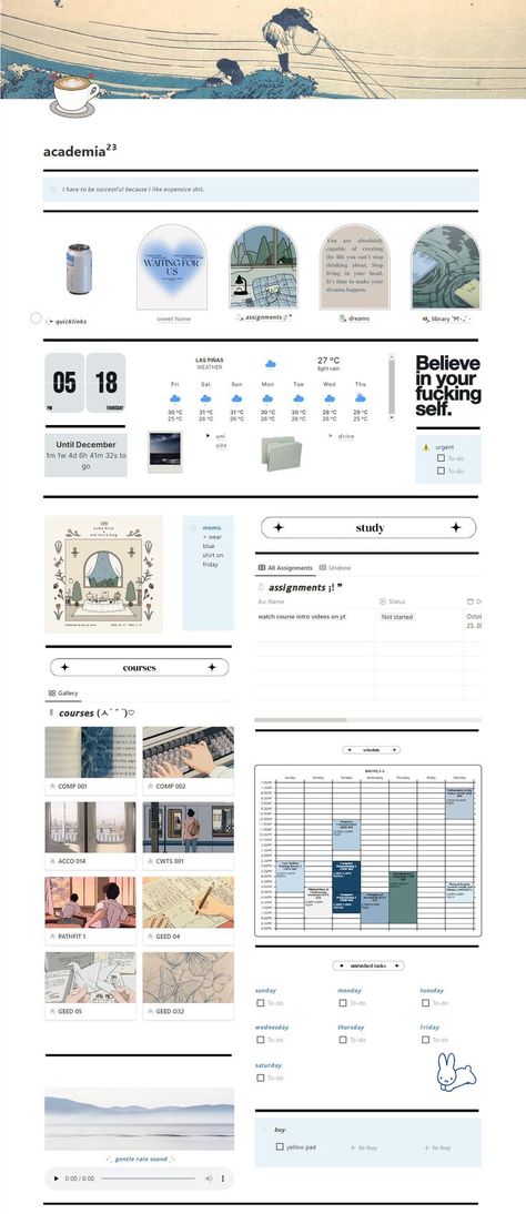 academia, university 2023 notion ❝this is a light mode version of the original dark mode. ❝ inspired by @catgirlganyu on Pinterest ; TEMPLATE: https://ko-fi.com/s/cc30225dcc #notion #academia #university #college #template #notiondesign #productivity #cloudji University Notion, 2023 Notion, Pinterest Template, Digital Organization, Theme Template, Media Planner, Academic Motivation, Notes Inspiration, Dark Mode